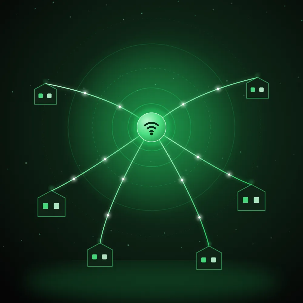 Ilustração de uma rede de fibra óptica conectando várias casas a um ponto central